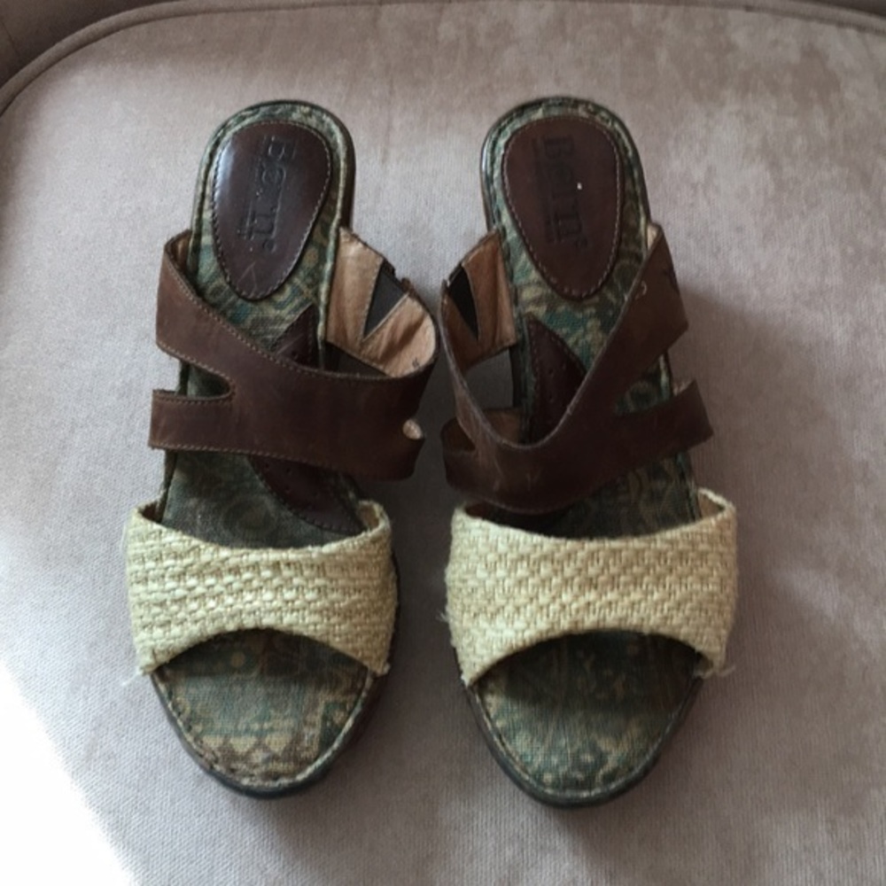 BORN Brown Leather Cork Wedge Sandals‎